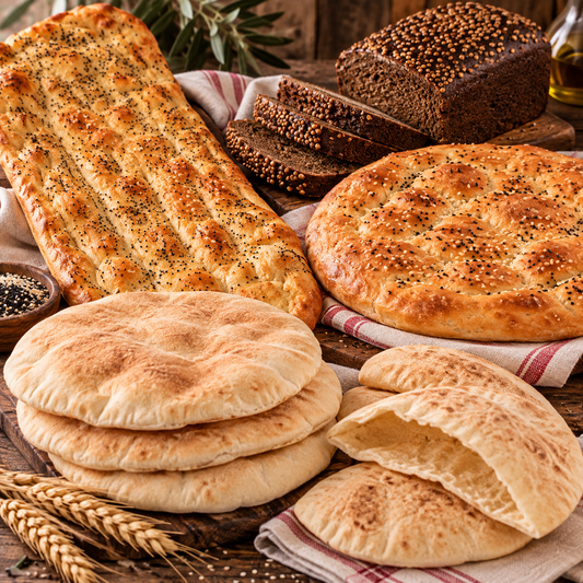 Turkish flatbread, pita, and dark bread on a wooden board