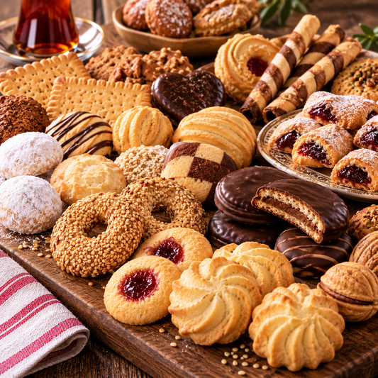 Assorted Turkish and European cookies on a wooden board