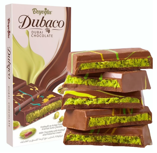 Dubaco Dubai chocolate bar with pistachio cream and kadayif filling, shown with package and sliced chocolate pieces