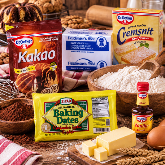 Baking ingredients including Dr. Oetker cocoa, yeast, vanilla, and baking dates
