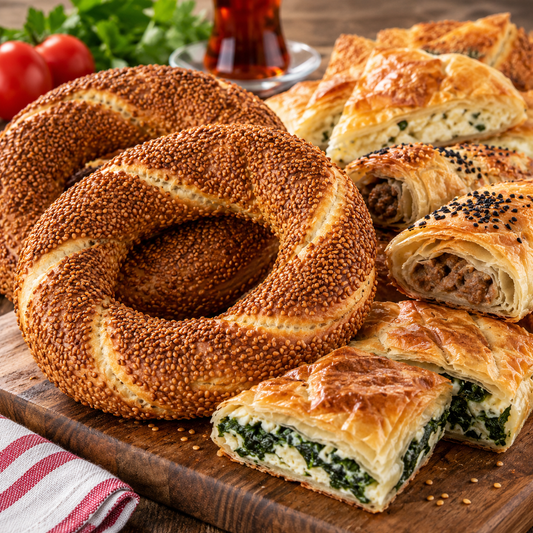 Turkish börek and simit on a wooden board with tea