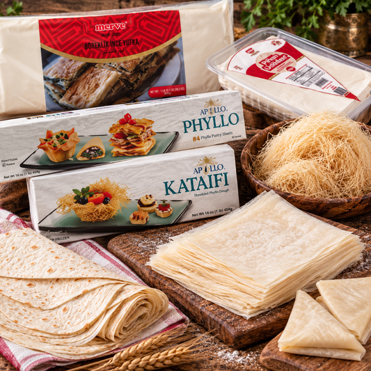 Merve Yufka, Apollo Phyllo and Kataifi pastry sheets on a wooden board