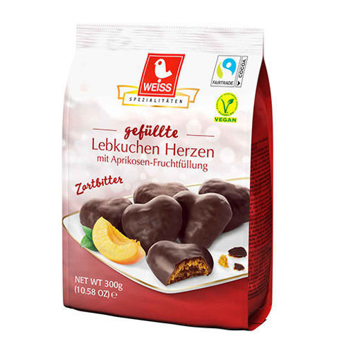 WEISS Bitter Chocolate Lebkuchen Herzen (Gingerbread Hearts w/Apricot Jelly Filling) 150g