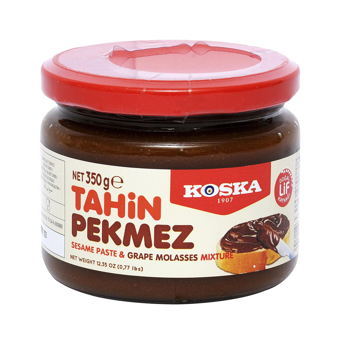 KOSKA Tahin Pekmez 350g jar showing brand label and toast serving suggestion